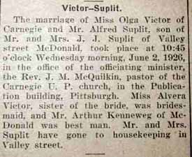 Marriage Notice for Alfred SUPLIT to Olga Victor, 2 Jun 1926