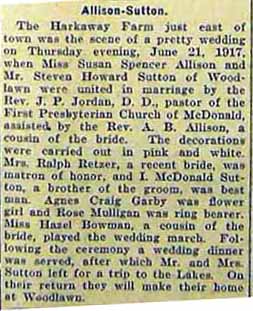 Marriage notice for Steven Howard SUTTON to Susan Spencer Allison, 21 Jun 1917