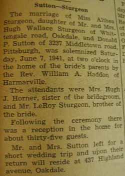 Marriage Notice for Donald P. SUTTON to Althea Sturgeon, 7 Jun 1941