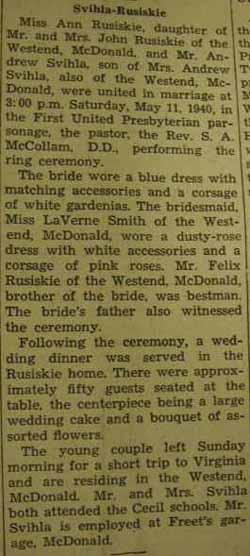 Marriage Notice for Andrew SVIHLA to Ann Rusiskie, 11 May 1940