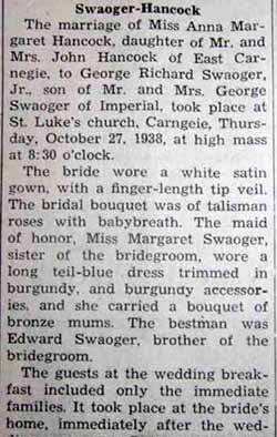 Part 1 Marriage Notice for George Richard SWAOGER to Anna Margaret Hancock, 27 Oct 1938