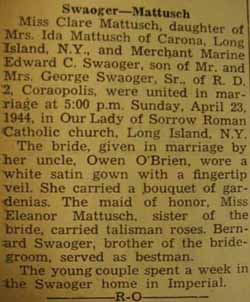 Marriage Notice for Edward C. SWAOGER to Clare Mattusch, 23 Apr 1944