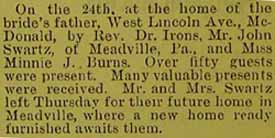 Marriage Notice for John SWARTZ to Minnie J. Burns, 24 Mar 1896
