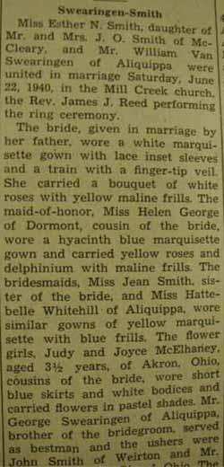 Part 1 Marriage Notice for William Van SWEARINGEN to Esther N. Smith, 22 Jun 1940