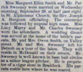 Marriage Notice for Patrick SWEENEY to Margaret Ellen Smith, 29 Sep 1909