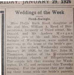 Marriage notice for Andrew Morgan SWINGLE to Hollis Ruth Reed, 20 Jan 1926