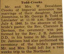 Marriage Notice for George R. TODD to Janet Josephine Crooks, 6 Jul 1940