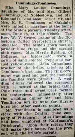 Marriage Notice for Edmond R. TOMLINSON to Mary Louise Cummings, 28 Jun 1927