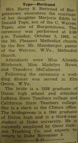 Marriage notice for 
Donald TOPE to Marjorie Edith Bertrand, 5 Oct 1943