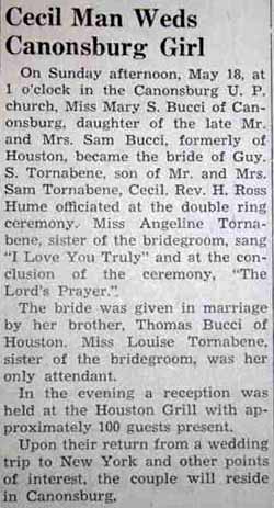 Marriage notice for Guy S. TORNABENE to Mary S. Bucci, 18 May 1947
