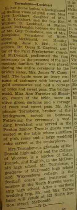 Marriage notice for Guy TORNABENE to Jane Lockhart, 9 Jun 1941