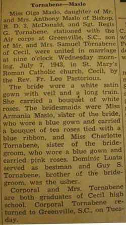 Marriage Notice for 
Regis G. TORNABENE to Olga Maslo, 7 Jul 1943