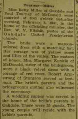 Marriage notice for 
Paul TOURNAY to Betty Miller, 8 Feb 1941