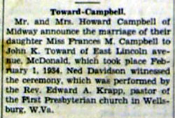 Wedding Announcement for John K. TOWARD to Frances M. Campbell, 1 Feb 1934