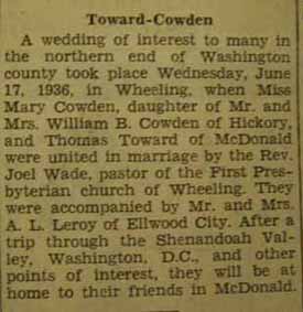 Marriage Notice for Thomas TOWARD to Mary Cowden, 17 Jun 1936