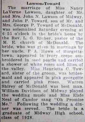 Marriage Notice for John P. TOWARD to Nancy LaVerne Lawson, no date, in 8-8-1929 paper