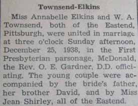 Marriage Notice for W. A. TOWNSEND to Annabelle Elkins, 25 Dec 1938