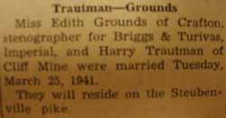 Marriage notice for 
Harry TRAUTMAN to Edith Grounds, 25 Mar 1941