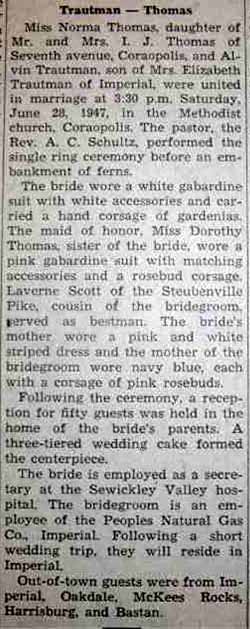 Marriage Notice for Alvin TRAUTMAN to Norma Thomas, 28 Jun 1947