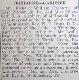Marriage Notice for Richard William TREHARNE to Elizabeth S. A. Gardner, 14 Apr 1921