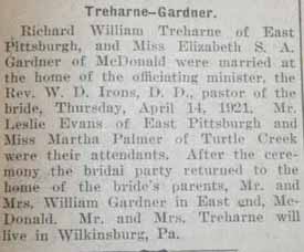 Marriage Notice for Richard William TREHARNE to Elizabeth S. A. Gardner, 14 Apr 1921