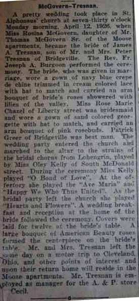 Marriage Notice for James A. TRESNAN to Risina McGovern, 12 Apr 1926