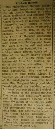 Marriage notice for 
Edward William TRIEBSCH to Mary Helen Hartsik, 30 Jun 1937
