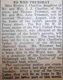 Article 1 Marriage Notice for Thomas E. TRIMMER to Evelyn J. Charlier, 11 Aug 1921
