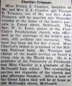 Article 2 Marriage Notice for Thomas E. TRIMMER to Evelyn J. Charlier, 11 Aug 1921