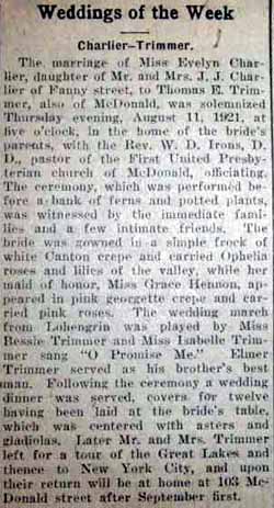Article 3 Marriage Notice for Thomas E. TRIMMER to Evelyn J. Charlier, 11 Aug 1921