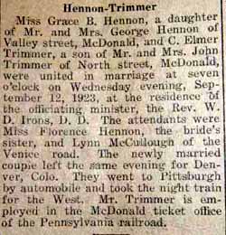 Marriage Notice for C. Elmer TRIMMER to Grace B. Hennon, 12 Sep 1923