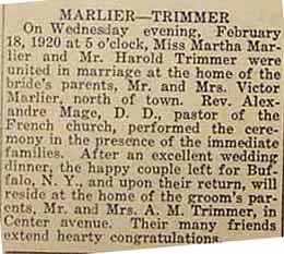 Marriage notice for Harold TRIMMER to Martha MARLIER, Weds. Feb. 18, 1920