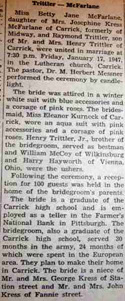 Marriage Notice for Raymond TRITTLER to Betty Jane McFarlane, 17 Jan 1947