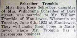 Marriage Notice for William TROMBLA to Elsa Rose Schreiber, 6 Jun 1922