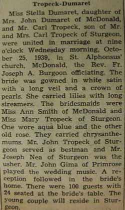 Marriage notice for 
Carl TROPECK to Stella Dumaret, 25 Oct 1939