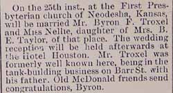 Marriage Notice for Byron F. TROXEL to Nellie Taylor, no date, in 2-15-1896 paper