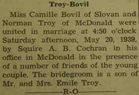 Marriage Notice for Norman TROY to Camille Bovil, 20 May 1939