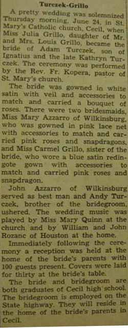 Marriage Notice for Adam TURCZEK to Julia Grillo, 24 Jun 1937