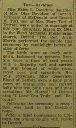 Marriage Notice for Russell H. TURI to Helen L. Davidson, 25 Mar 1944
