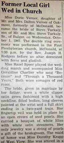 Part 1 Marriage Notice for Steve TURKALY to Doris Verner, 1 Oct 1947