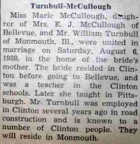 Marriage Notice for William TURNBULL to Marie McCullough, 6 Aug 1938