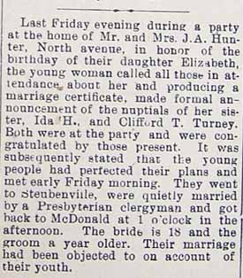 Marriage Notice for Clifford T. TURNEY to Ida H. HUNTER, Friday morning, in paper 1-18-1907