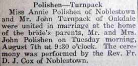 Marriage Notice for John TURNPACK to Annie Polishen, 7 Aug 1923