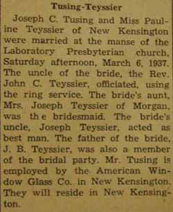 Marriage Notice for Joseph C. TUSING to Pauline Teyssier, 6 Mar 1937