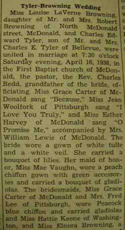 Part 1 Marriage Notice for Charles Edward TYLER to Louise LaVerne Browning, 16 Apr 1938