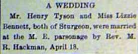 Marriage Notice for Henry TYSON to Lizzie Bennett, 18 Apr 1908
