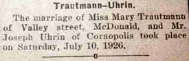 Marriage Notice for Joseph UHRIN to Mary Trautmann, 10 Jul 1926