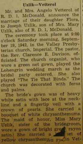 Part 1 Marriage Notice for Joseph UZLIK to Flora Vetterol, 19 Sep 1942