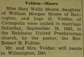 Marriage Notice for Inge G. VOLDEN to Sara Wells Moore, 19 Sep 1942