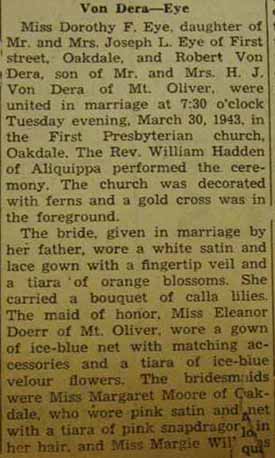 Part 1 Marriage Notice for Robert Von DERA to Dorothy F. Eye, 30 Mar 1943